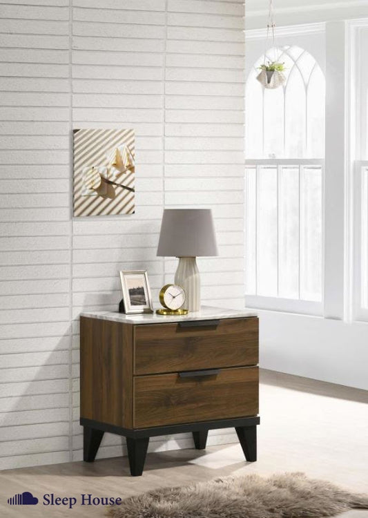 Set bedroom Nightstand Walnut Brown with Faux Marble Top